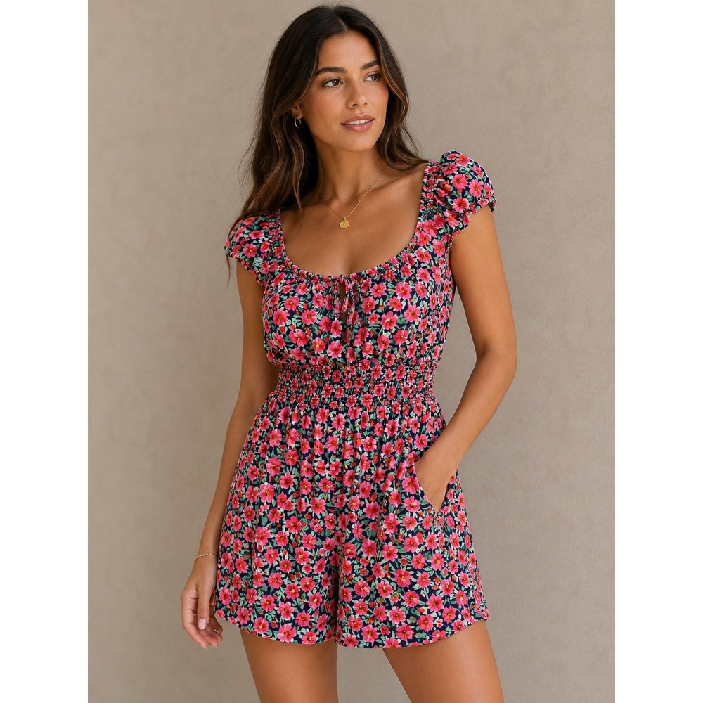 Old Navy Women Romper XL Pink Floral Smocked Waist Tie Front Pockets Boho